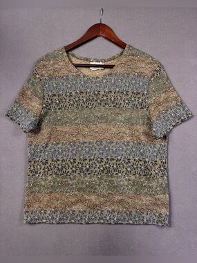 Vintage Y2K Kathie Lee Earth Tone Multicolor Lace Mesh Short Sleeve Top, XL